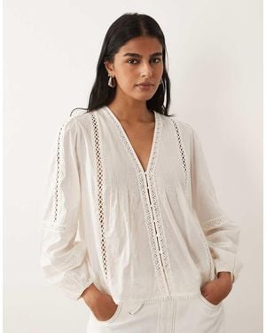 Abercrombie & Fitch Rustic Long Sleeve Blouse With Embroidery Detail - Natural