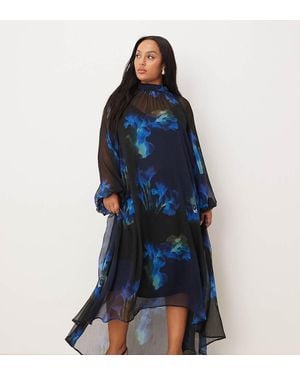 ASOS Vestidos Largo Azul Amplio Con Estampado Floral, Lazada Al Cuello Y Bajo Asimétrico De Asos Design Curve