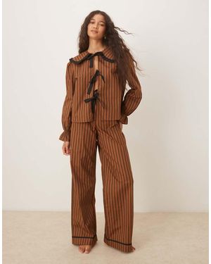 Glamorous Stripe Shirt And Trouser Pyjama Set - Brown