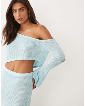 Wanderdoll Gigi Metallic Knit Long Sleeve Off The Shoulder Top - Blue