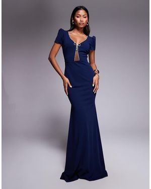 Goddiva Vestido Largo Con Lazo Y Adornos De Strass De Crepé Efecto Neopreno De - Azul