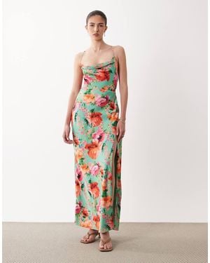 Hope & Ivy Vestido Largo Verde De Tirantes Con Estampado Floral De Satén De - Blanco