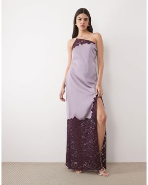 Six Stories One Shoulder Thigh Split Satin And Lace Mix Maxi Dress - Purple