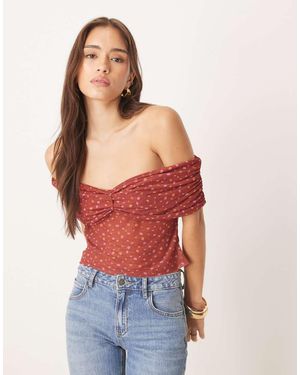 ASOS Ruched Off Shoulder Mesh Top - Red