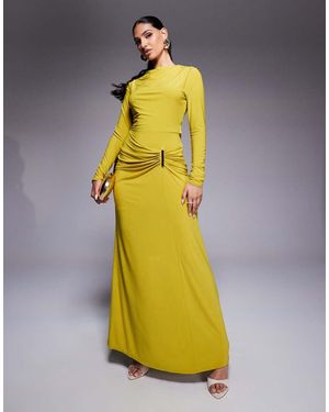 ASOS Long Sleeve Drape Maxi Dress With Hitched Skirt And Trim - Yellow
