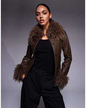 Princess Polly Cupid shaggy Faux Fur Trim Leather Look Jacket - Gray