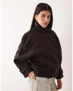 Gina Tricot Short High Funnel Neck Bomber Style Jacket With Wool - Black