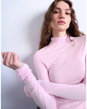 TOPSHOP High Neck Viscose Long Sleeve Top - Pink