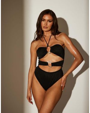 South Beach Wave Rib Ring Detail Halter Swimsuit - Brown