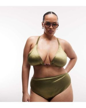 ASOS Asos Design Curve Keira High Shine High Apex Triangle Bikini Top With Strappy Back And Bead Detail - Green