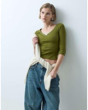 Miss Selfridge Geribde Top Met V-Hals, Driekwartmouwen En Kant- En Picotrand - Groen