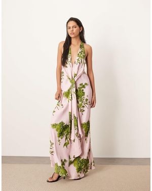 ARRANGE Plunge Cowl Maxi Dress With Tie Detail - Natural
