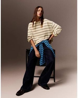 Bershka Striped Round Neck Sweatshirt - Yellow