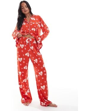 Loungeable – pyjama-set aus superweichem jersey mit reverskragen-oberteil und hose mit weitem bein - Rot