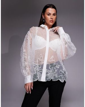 ASOS Curve Organza And Lace Mix Pearl Embellished Shirt - Gray
