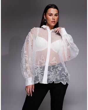ASOS Curve Organza And Lace Mix Pearl Embellished Shirt - Grey