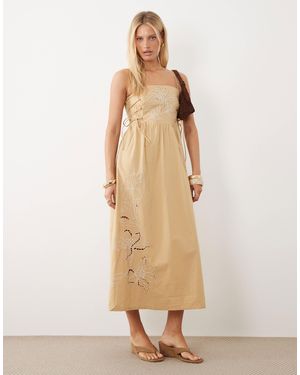 River Island Tie Side Floral Embroidered Midi Dress - Natural