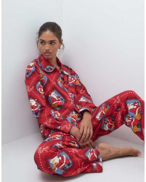 Chelsea Peers Conjunto De Pijama Abotonado De Algodón Suave Con Cuello Oversize Y Estampado De Christmas De Papá Noel Musical En - Rojo