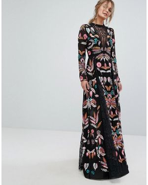 Frock and Frill Embroidered Maxi Dress With Lace Inserts - Black