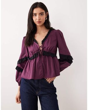 Glamorous Boho Ruffle Broderie Long Sleeve Blouse - Purple