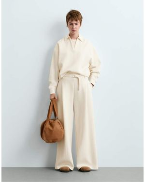 Oysho Striped Cotton Piqué Wide-Leg Trousers - White