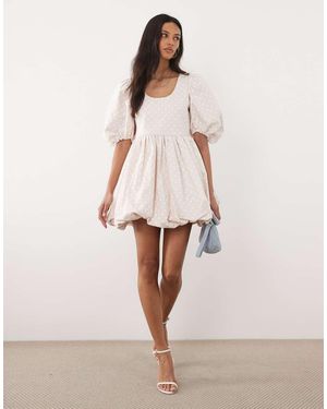 Sister Jane Cotton Denim Polka Dot Puff Sleeve Bubble Hem Mini Dress - Natural