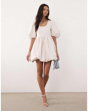 Sister Jane Denim Polka Dot Puff Sleeve Bubble Hem Mini Dress - Natural