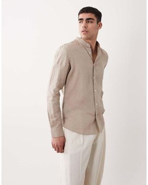 Mango 100% Linen Mao Neck Log Sleeve Shirt - Natural
