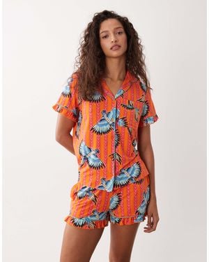 Chelsea Peers Short Sleeve Jersey Camp Collar Shirt And Shorts Pajama Set With Ruffle Trim - Red