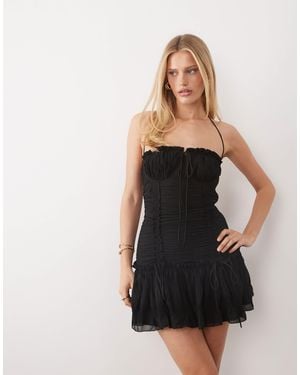 Aria Cove Chiffon Trim Ruffle Drop Waist Tie Detail Mini Dress - Blue
