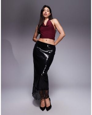 ASOS Sequin Mid-rise Column Skirt With Lace Trim - Blue