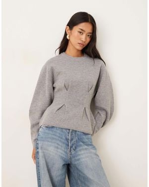 Gina Tricot Long Sleeve Sculpted Crew Neck Knitted Peplum Jumper - Grey