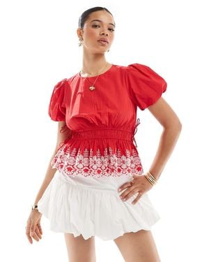 New Look Puff Sleeve Embroide Hem Top - Red