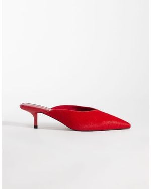 ASOS Surprise Hair On Real Leather Pointed Kitten Heeled Mules - Red