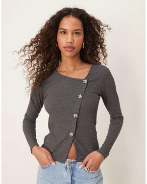 Jdy Asymetric Ribbed Button Detail Top - Grey