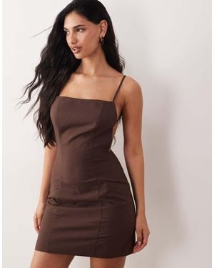 Kaiia Exclusive Linen Blend Tailored Strappy Open Back Mini Dress - Brown