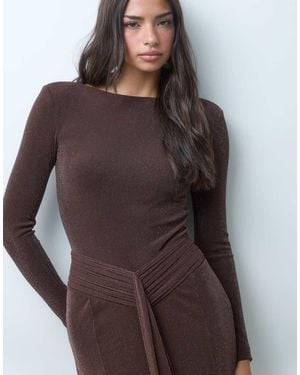 Wanderdoll Wanderoll Nora Sculpted Slash Neck Shoulder Pad Detail Bodysuit Co-Ord - Brown