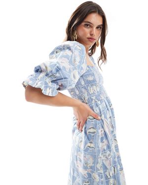 Object Vintage Wash Fish Print Smock Midi Dress - Blue