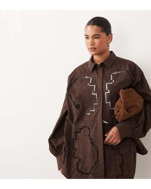 ARRANGE Curve Oversized Shirt With Cutwork Embroidery - Brown