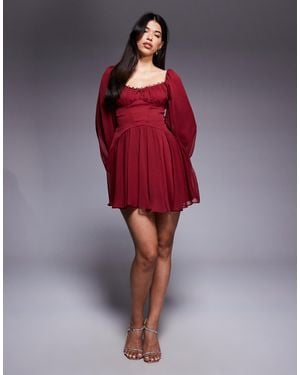 ASOS Puff Sleeve Chiffon Lace Up Mini Skater Dress - Red