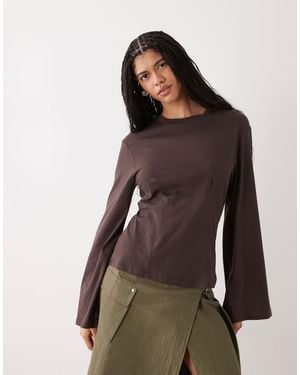 Monki Cinched Waist Long Sleeve Structured Jersey Top - Brown
