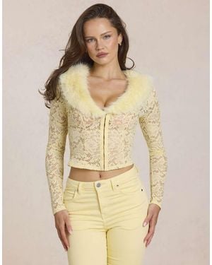 Oh Polly Faux Fur Collar Lace Cardigan - Natural