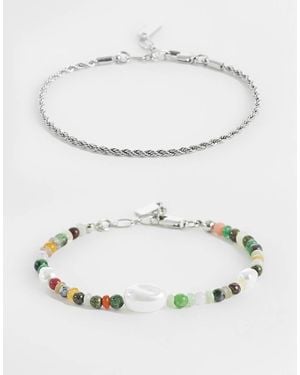 ASOS 2 Pack Faux Pearl With Mixed Semi-precious Bead And Chain Bracelet - Grey