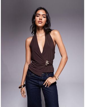 ASOS Slinky Halter Neck Top With Trim - Blue
