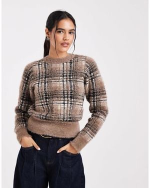 New Look Fluffy Check Jumper - Grey