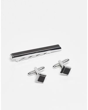 ASOS Black Enamel Tie Bar And Cufflink Set - White