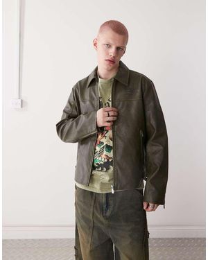 Ed Hardy Vintage Washed Vegan Leather Motorcross Jacket - Green