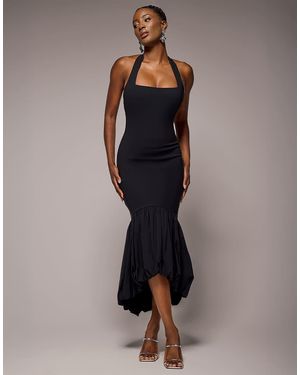Goddiva Vestido Semilargo De Corte Sirena Con Cuello Halter Y Bajo Abullonado De - Azul