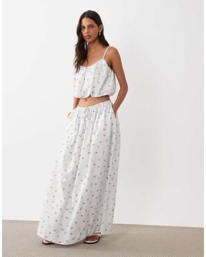 ASOS Falda De Vuelo Azul A Rayas Con Estampado Floral De Popelina De Algodón, Conjunto - Blanco