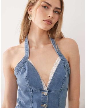 Miss Selfridge Denim Corset Top With Lace Trim - Blue